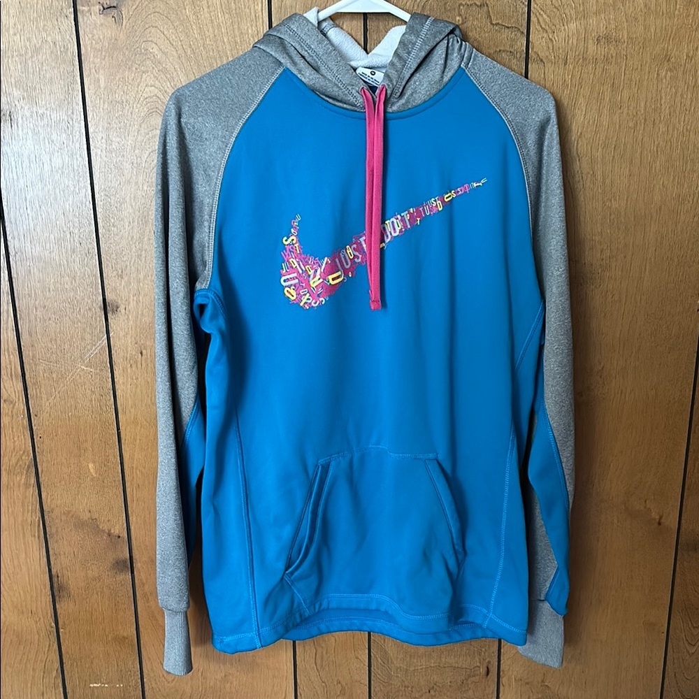 Nike Blue and Gray Hoodie with Pink Accents